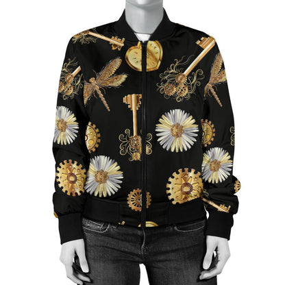 Steampunk Dragonfly Design Themed Print Women Casual Bomber Jacket