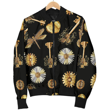 Steampunk Dragonfly Design Themed Print Women Casual Bomber Jacket
