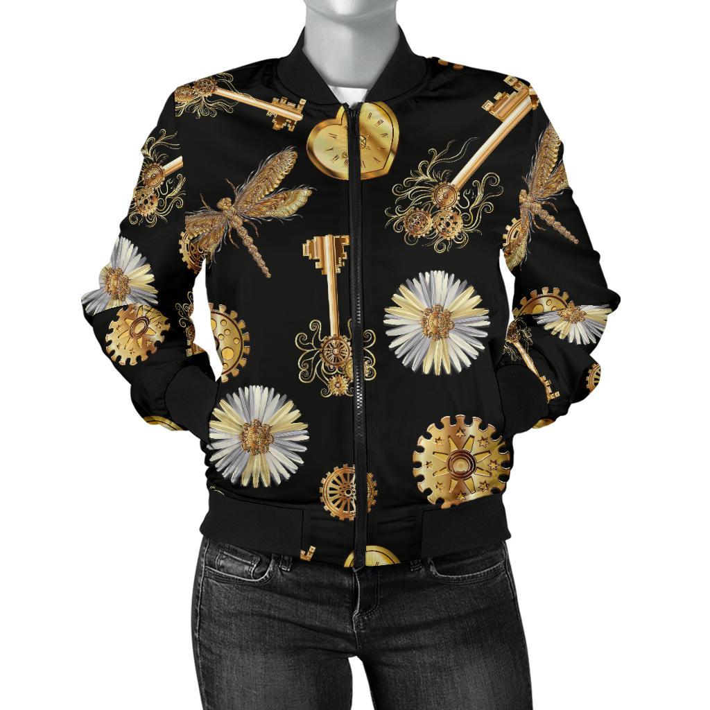 Steampunk Dragonfly Design Themed Print Women Casual Bomber Jacket