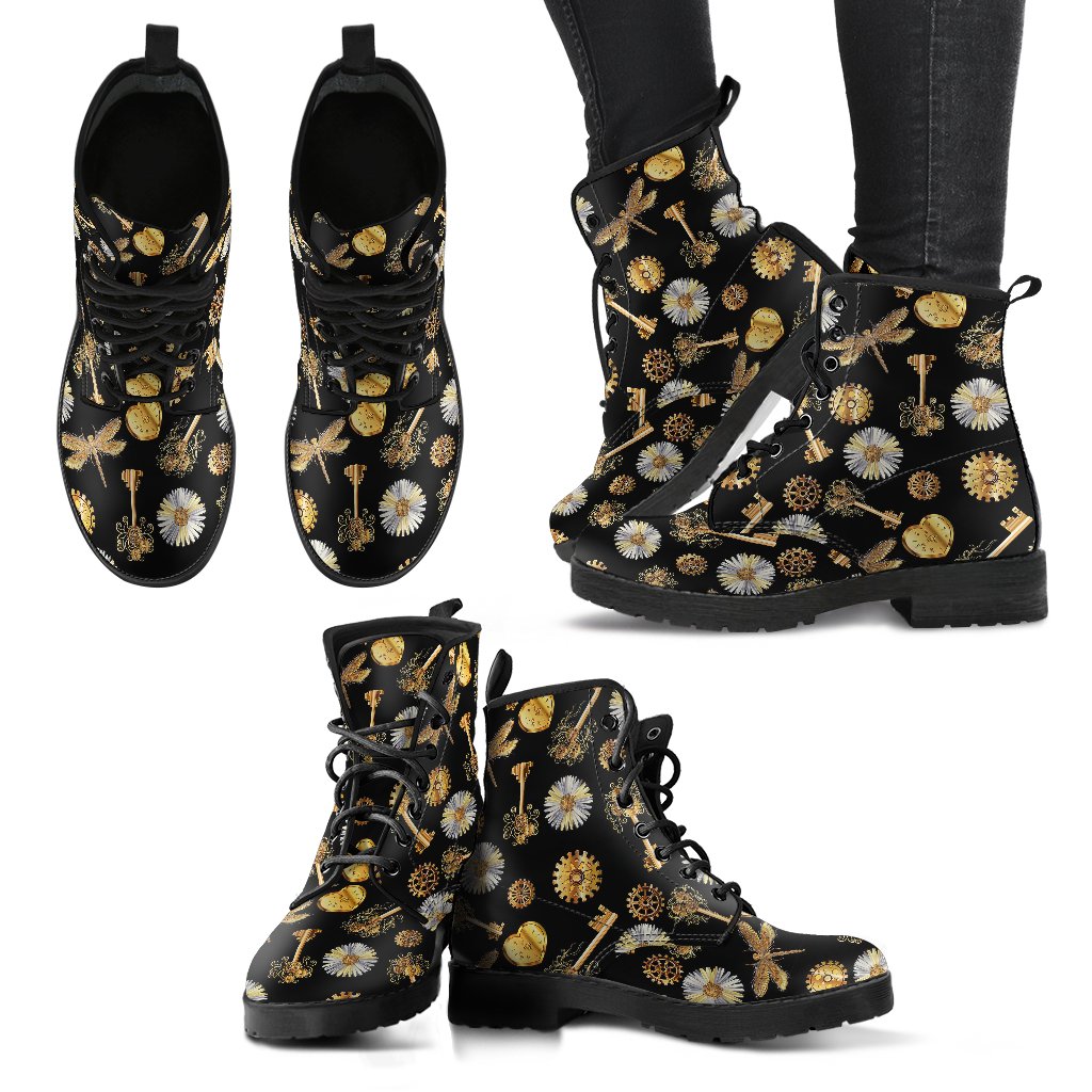 Steampunk Dragonfly Design Themed Print Women Leather Boots-JTAMIGO.COM