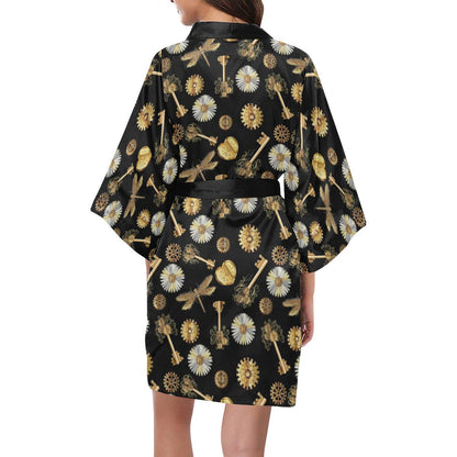 Steampunk Dragonfly Design Themed Print Women Short Kimono Robe
