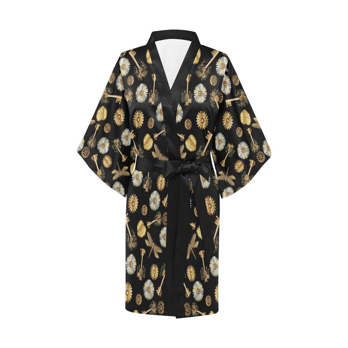 Steampunk Dragonfly Design Themed Print Women Short Kimono Robe