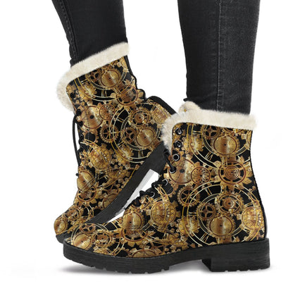 Steampunk Gear Design Themed Print Faux Fur Leather Boots-JTAMIGO.COM