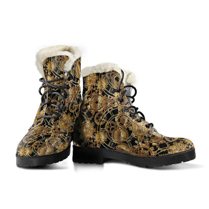 Steampunk Gear Design Themed Print Faux Fur Leather Boots-JTAMIGO.COM
