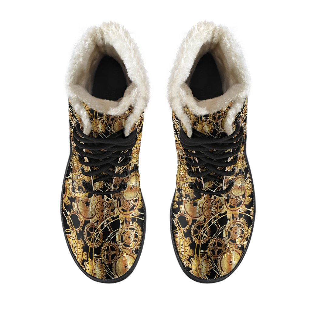 Steampunk Gear Design Themed Print Faux Fur Leather Boots-JTAMIGO.COM
