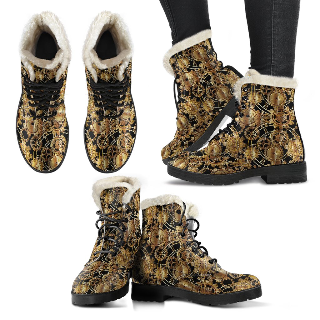 Steampunk Gear Design Themed Print Faux Fur Leather Boots-JTAMIGO.COM