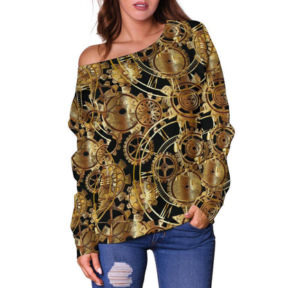 Steampunk Gear Design Themed Print Off Shoulder Sweatshirt