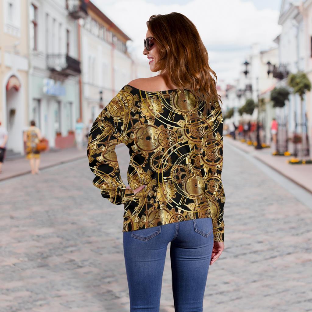 Steampunk Gear Design Themed Print Off Shoulder Sweatshirt