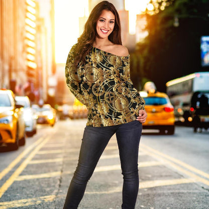 Steampunk Gear Design Themed Print Off Shoulder Sweatshirt