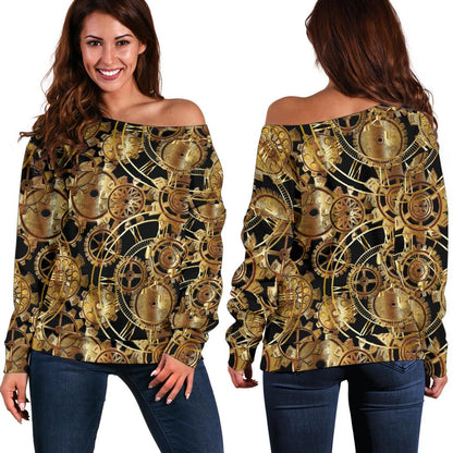 Steampunk Gear Design Themed Print Off Shoulder Sweatshirt