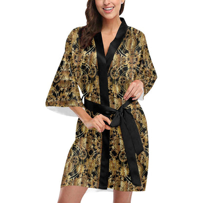 Steampunk Gear Design Themed Print Women Short Kimono Robe