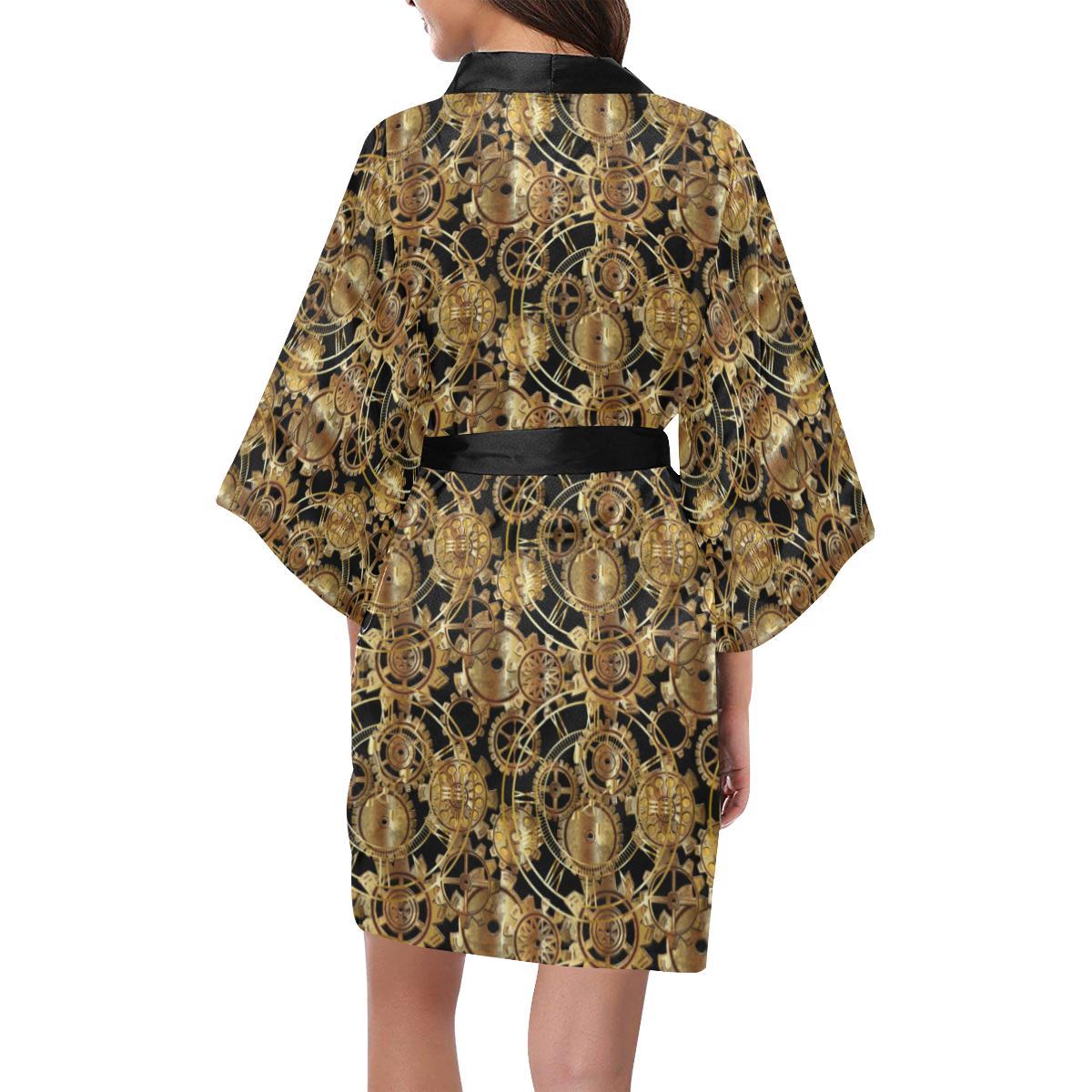 Steampunk Gear Design Themed Print Women Short Kimono Robe
