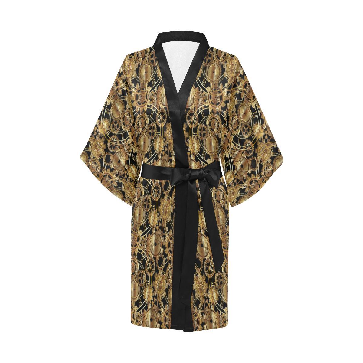 Steampunk Gear Design Themed Print Women Short Kimono Robe
