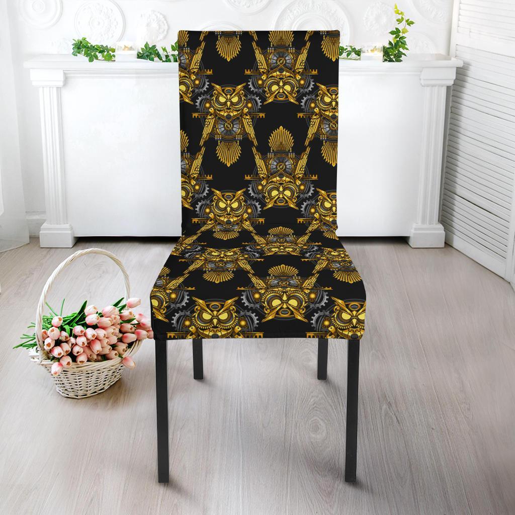 Steampunk Gold Owl Design Themed Print Dining Chair Slipcover-JTAMIGO.COM