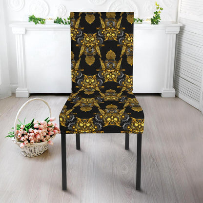 Steampunk Gold Owl Design Themed Print Dining Chair Slipcover-JTAMIGO.COM
