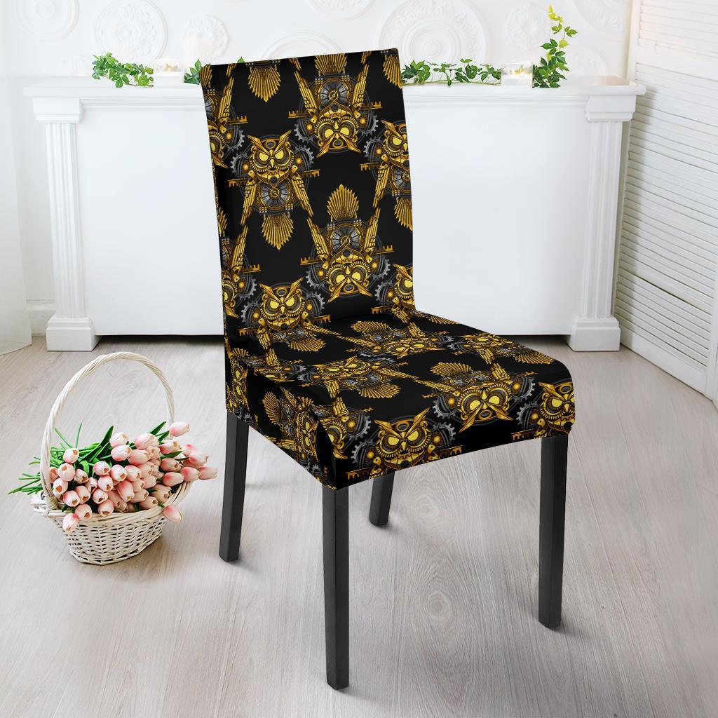 Steampunk Gold Owl Design Themed Print Dining Chair Slipcover-JTAMIGO.COM
