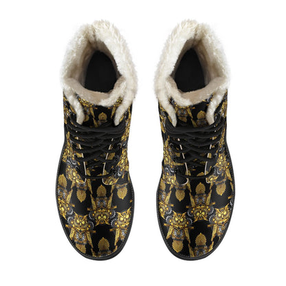 Steampunk Gold Owl Design Themed Print Faux Fur Leather Boots-JTAMIGO.COM