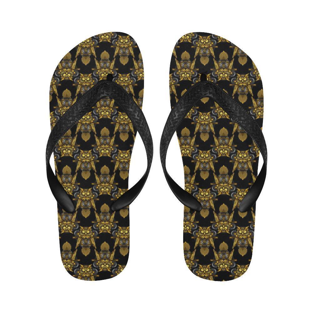 Steampunk Gold Owl Design Themed Print Flip Flops-JTAMIGO.COM