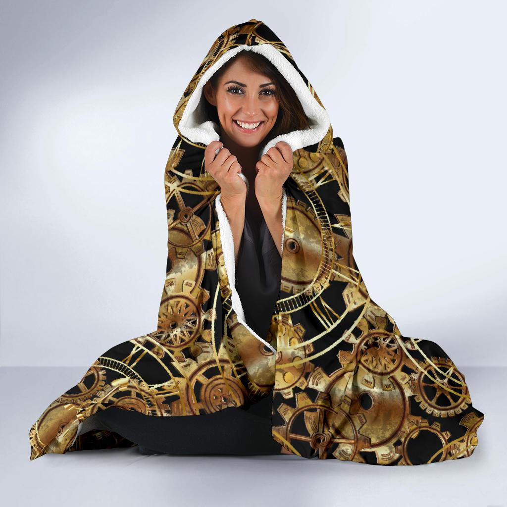 Steampunk Gold Owl Design Themed Print Hooded Blanket-JTAMIGO.COM