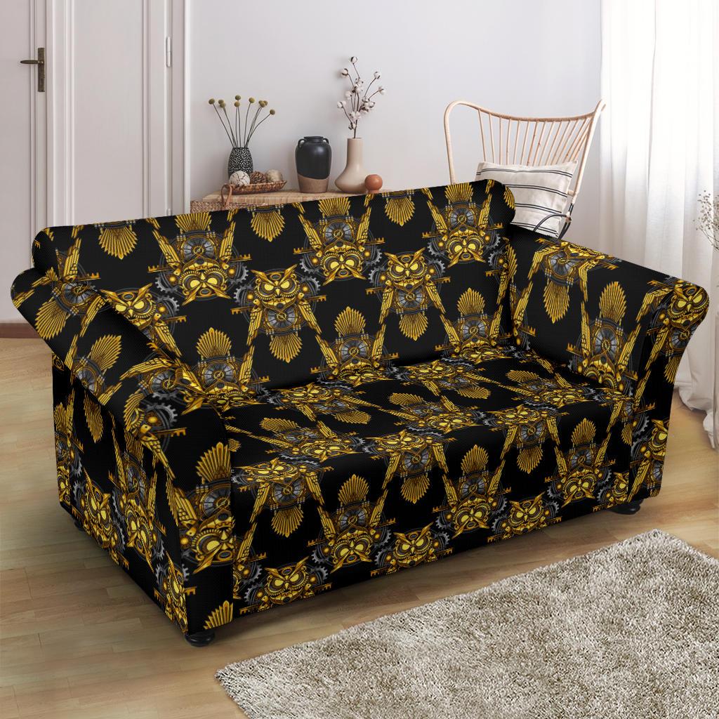 Steampunk Gold Owl Design Themed Print Loveseat Slipcover-JTAMIGO.COM
