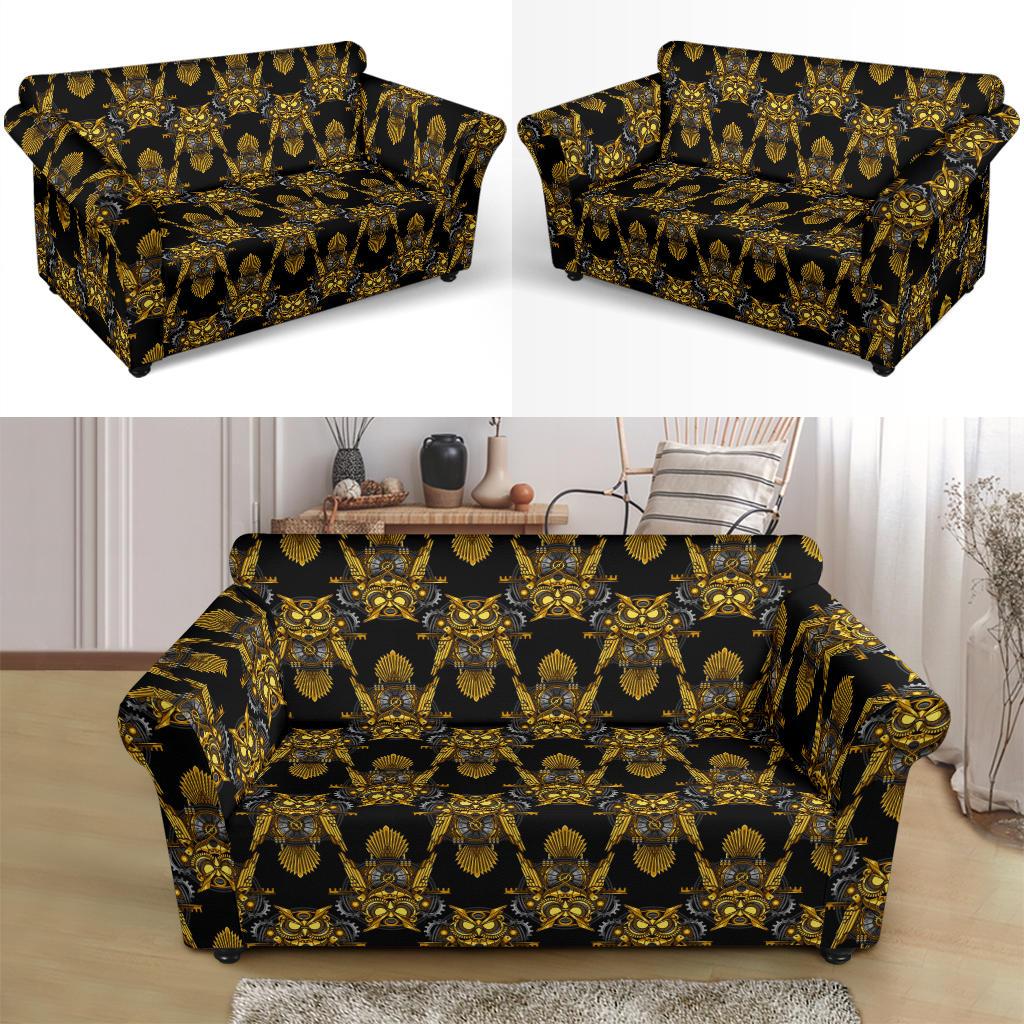 Steampunk Gold Owl Design Themed Print Loveseat Slipcover-JTAMIGO.COM