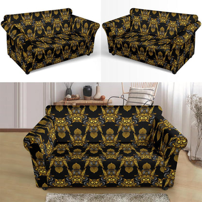 Steampunk Gold Owl Design Themed Print Loveseat Slipcover-JTAMIGO.COM