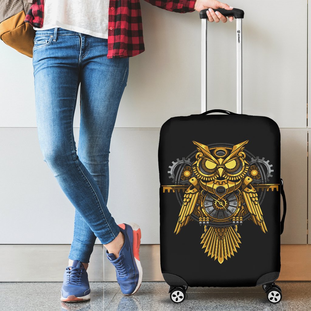 Steampunk Gold Owl Design Themed Print Luggage Cover Protector
