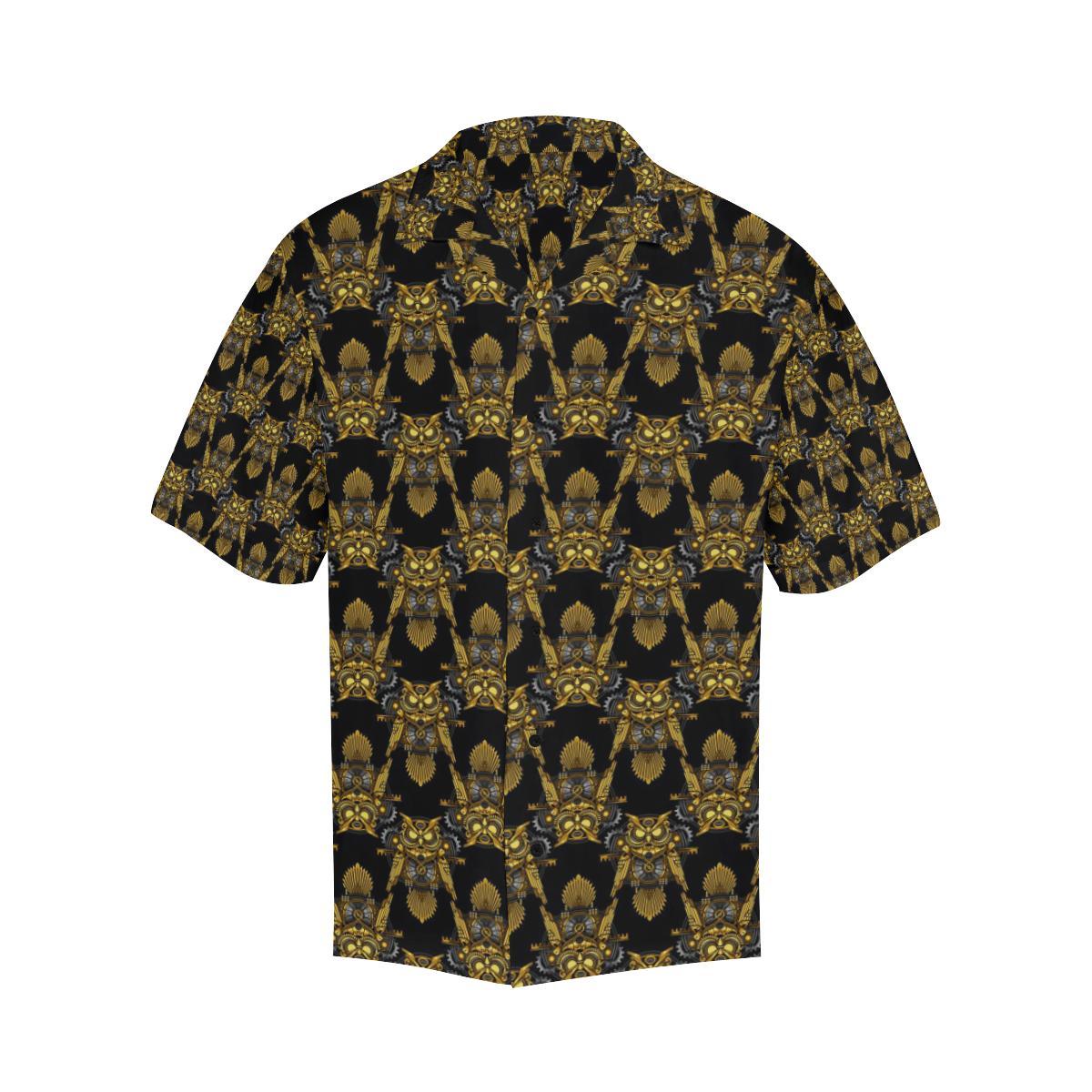 Steampunk Gold Owl Design Themed Print Men Aloha Hawaiian Shirt