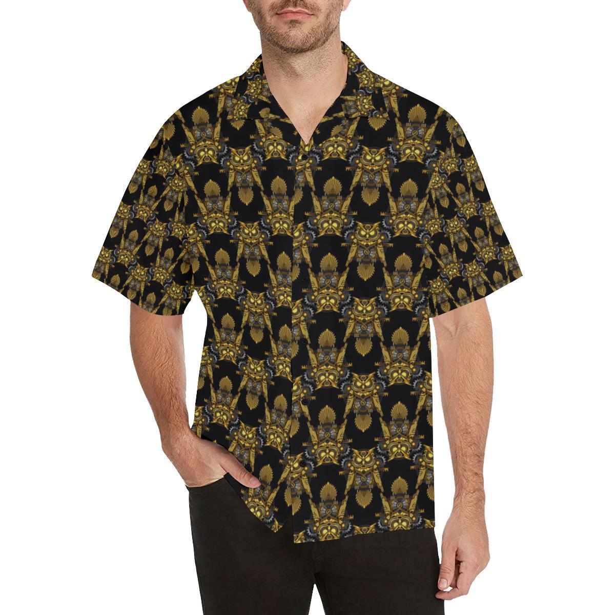 Steampunk Gold Owl Design Themed Print Men Aloha Hawaiian Shirt