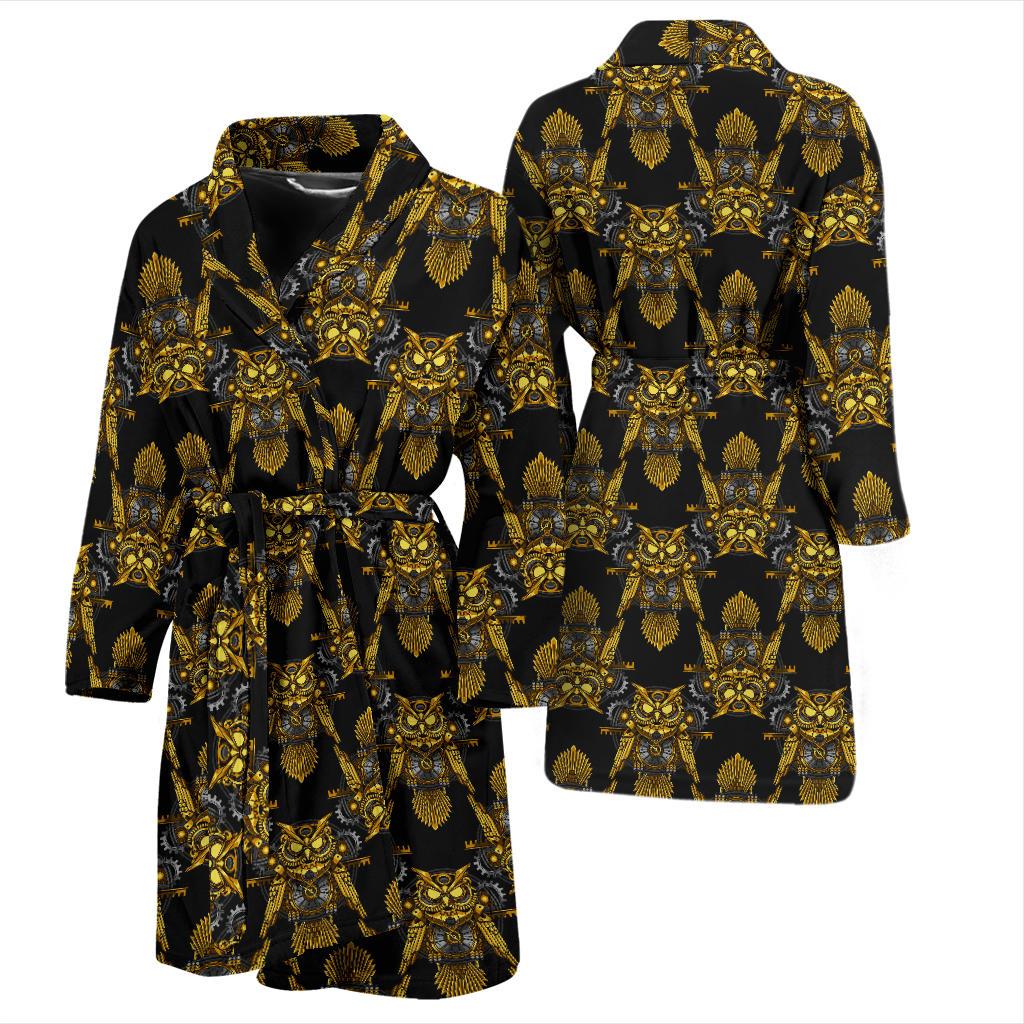 Steampunk Gold Owl Design Themed Print Men Bath Robe-JTAMIGO.COM