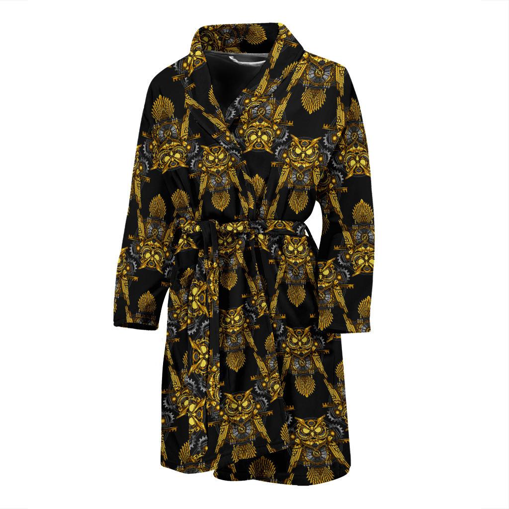 Steampunk Gold Owl Design Themed Print Men Bath Robe-JTAMIGO.COM