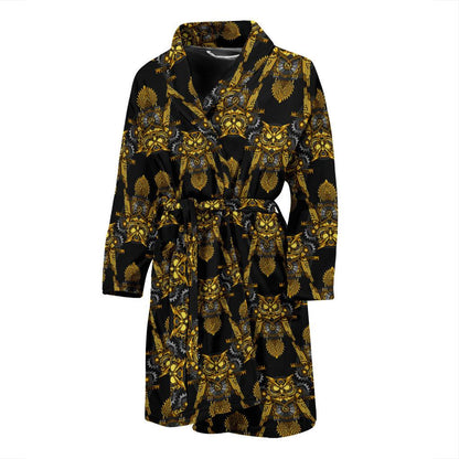Steampunk Gold Owl Design Themed Print Men Bath Robe-JTAMIGO.COM