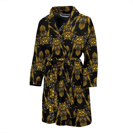 Steampunk Gold Owl Design Themed Print Men Bath Robe-JTAMIGO.COM