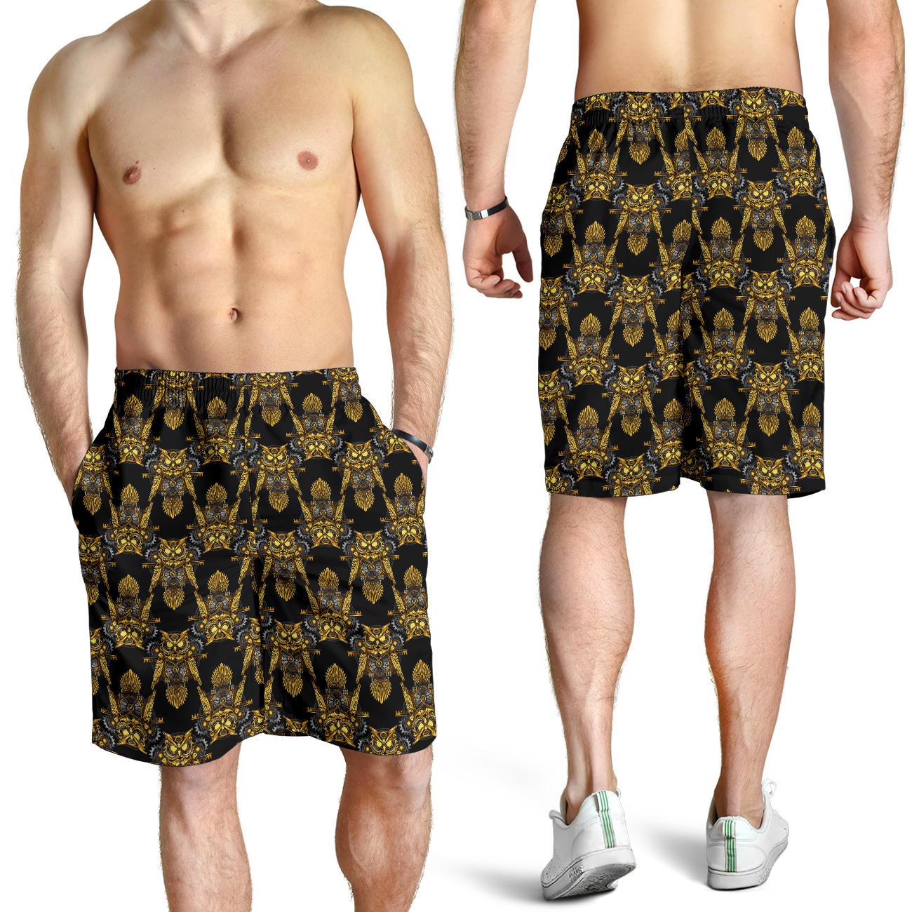 Steampunk Gold Owl Design Themed Print Mens Shorts-JTAMIGO.COM