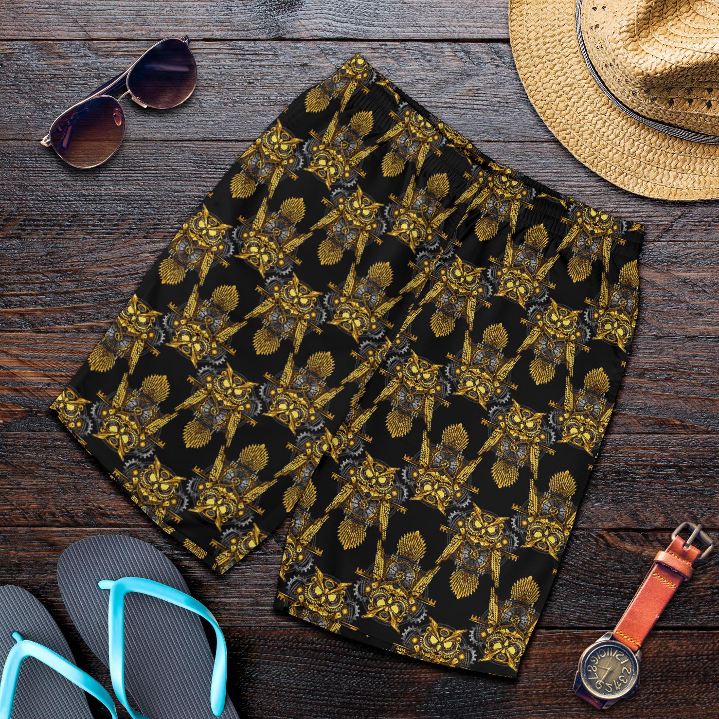 Steampunk Gold Owl Design Themed Print Mens Shorts-JTAMIGO.COM