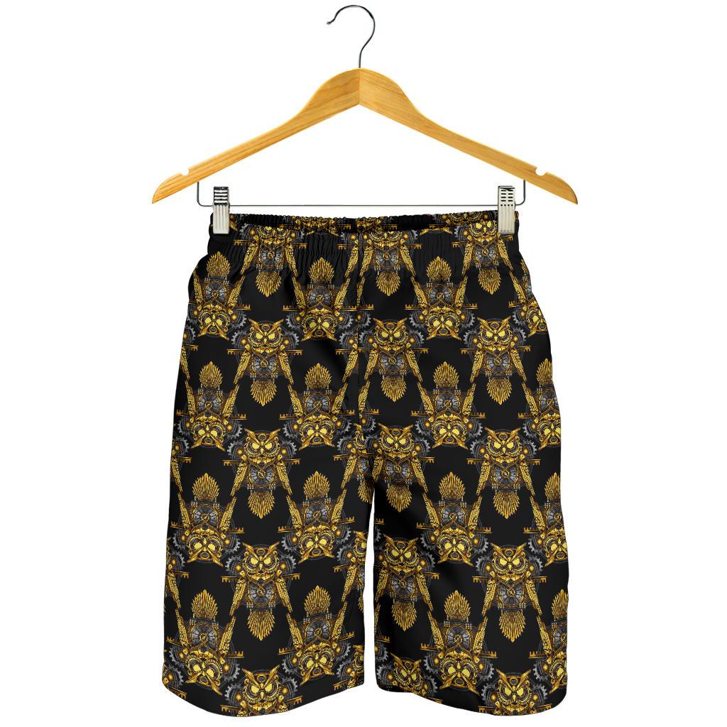 Steampunk Gold Owl Design Themed Print Mens Shorts-JTAMIGO.COM