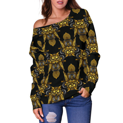 Steampunk Gold Owl Design Themed Print Off Shoulder Sweatshirt