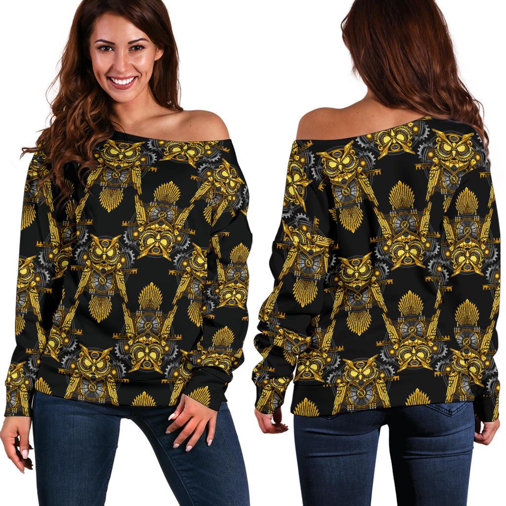 Steampunk Gold Owl Design Themed Print Off Shoulder Sweatshirt