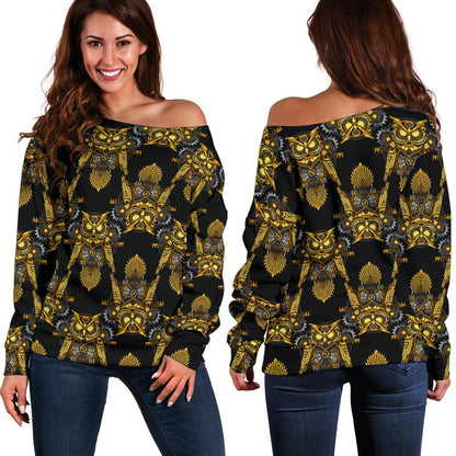 Steampunk Gold Owl Design Themed Print Off Shoulder Sweatshirt