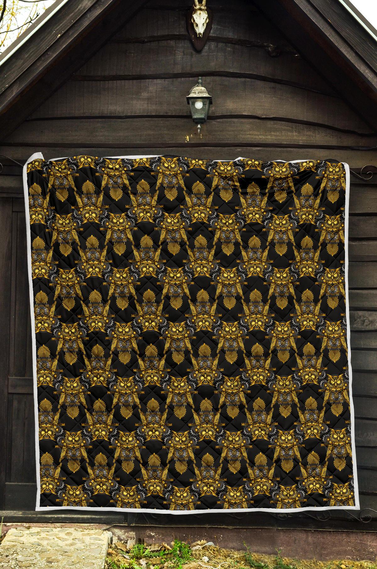 Steampunk Gold Owl Design Themed Print Premium Quilt-JTAMIGO.COM