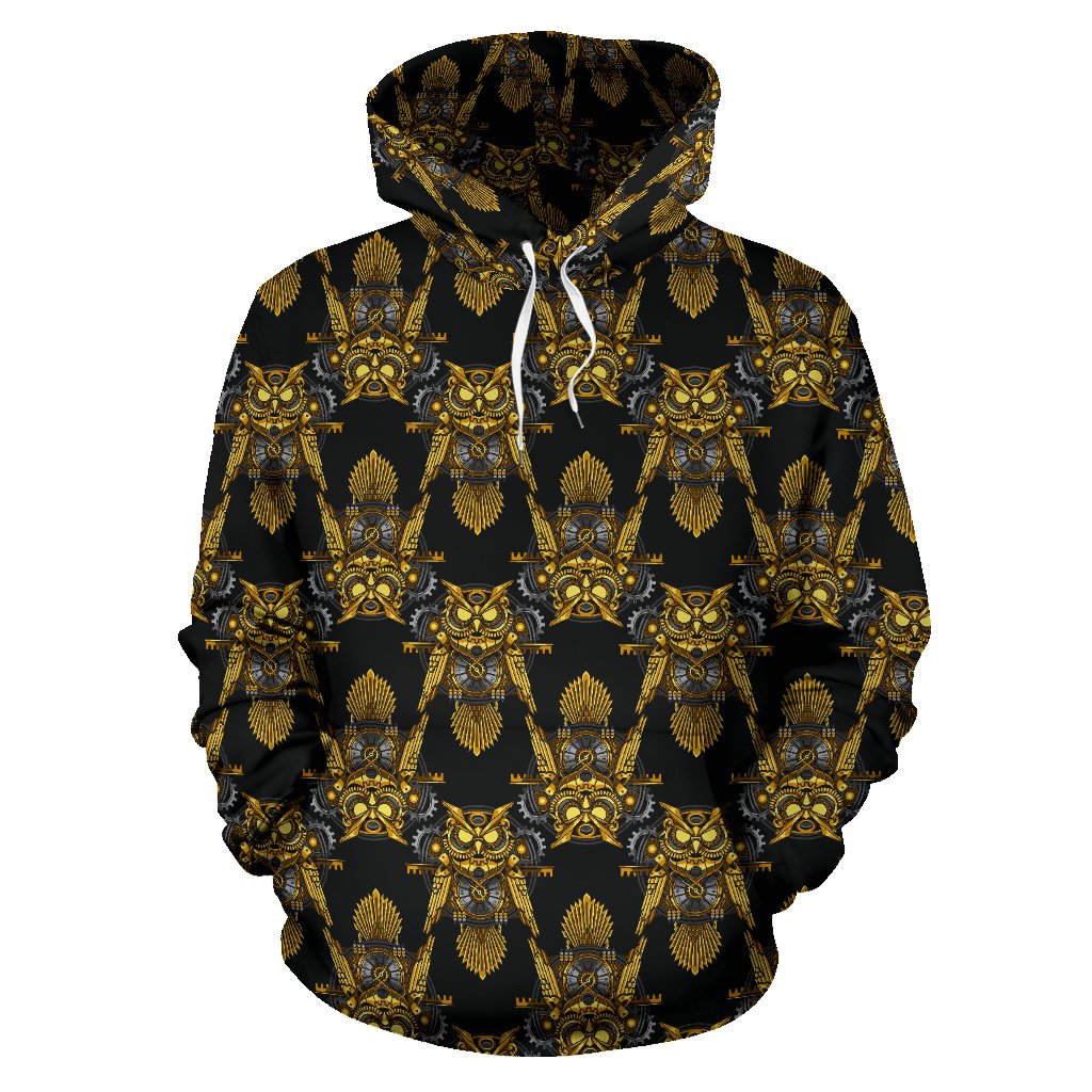 Steampunk Gold Owl Design Themed Print Pullover Hoodie