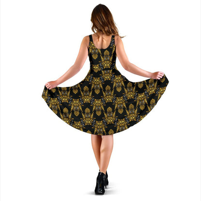 Steampunk Gold Owl Design Themed Print Sleeveless Dress