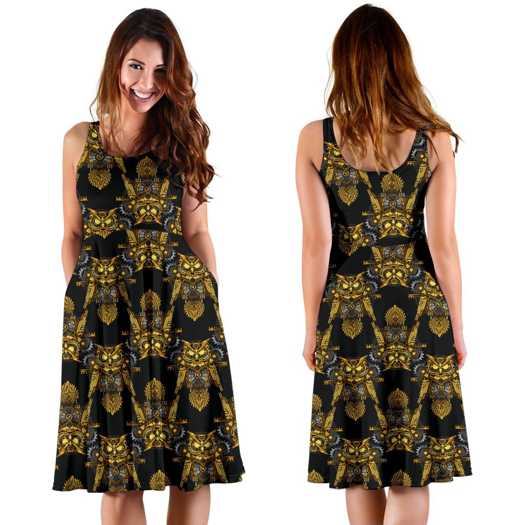 Steampunk Gold Owl Design Themed Print Sleeveless Dress