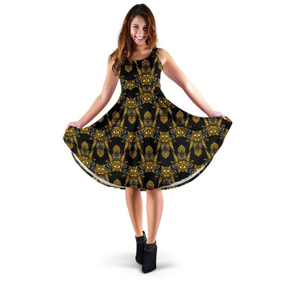 Steampunk Gold Owl Design Themed Print Sleeveless Dress