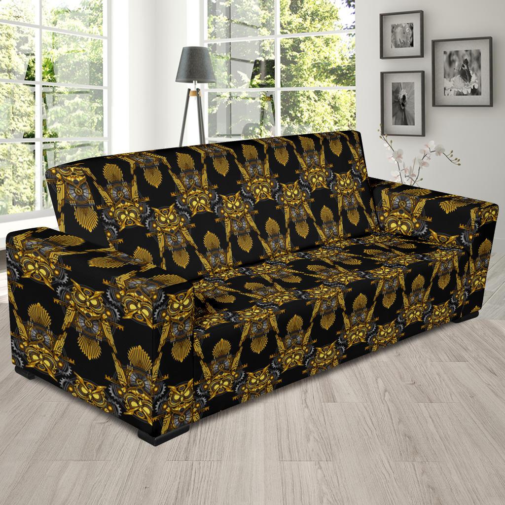 Steampunk Gold Owl Design Themed Print Sofa Slipcover-JTAMIGO.COM