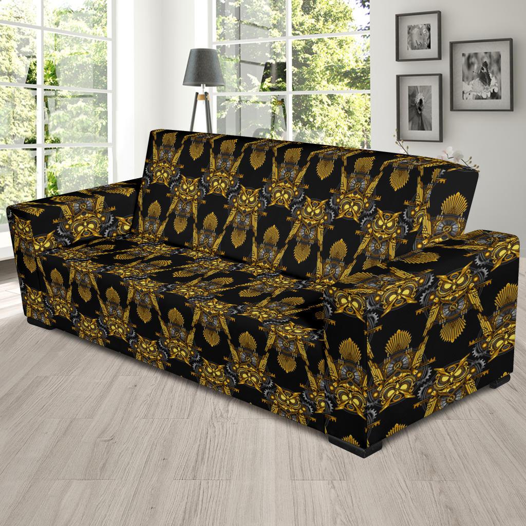 Steampunk Gold Owl Design Themed Print Sofa Slipcover-JTAMIGO.COM