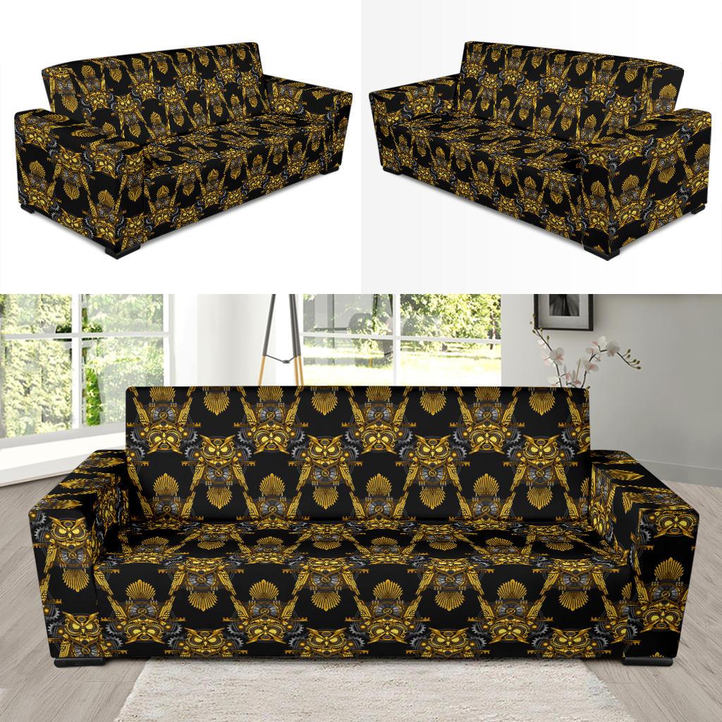 Steampunk Gold Owl Design Themed Print Sofa Slipcover-JTAMIGO.COM