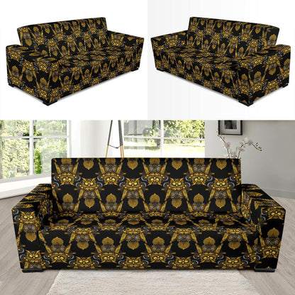 Steampunk Gold Owl Design Themed Print Sofa Slipcover-JTAMIGO.COM