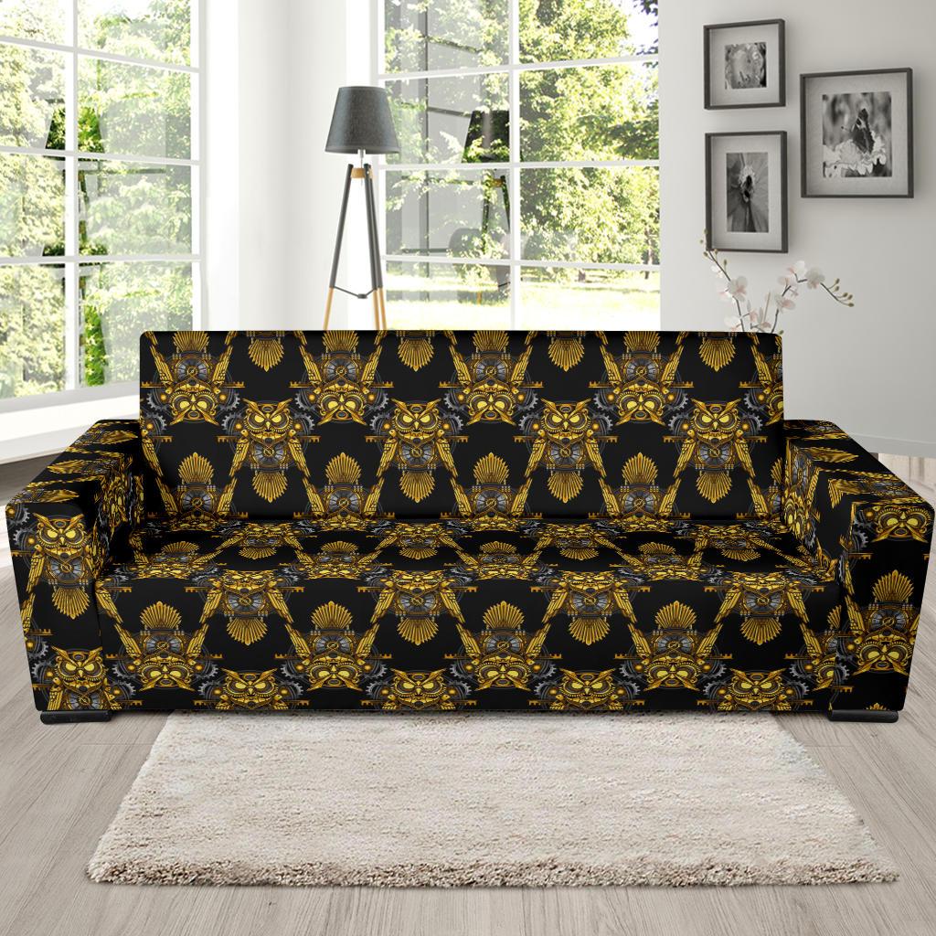 Steampunk Gold Owl Design Themed Print Sofa Slipcover-JTAMIGO.COM