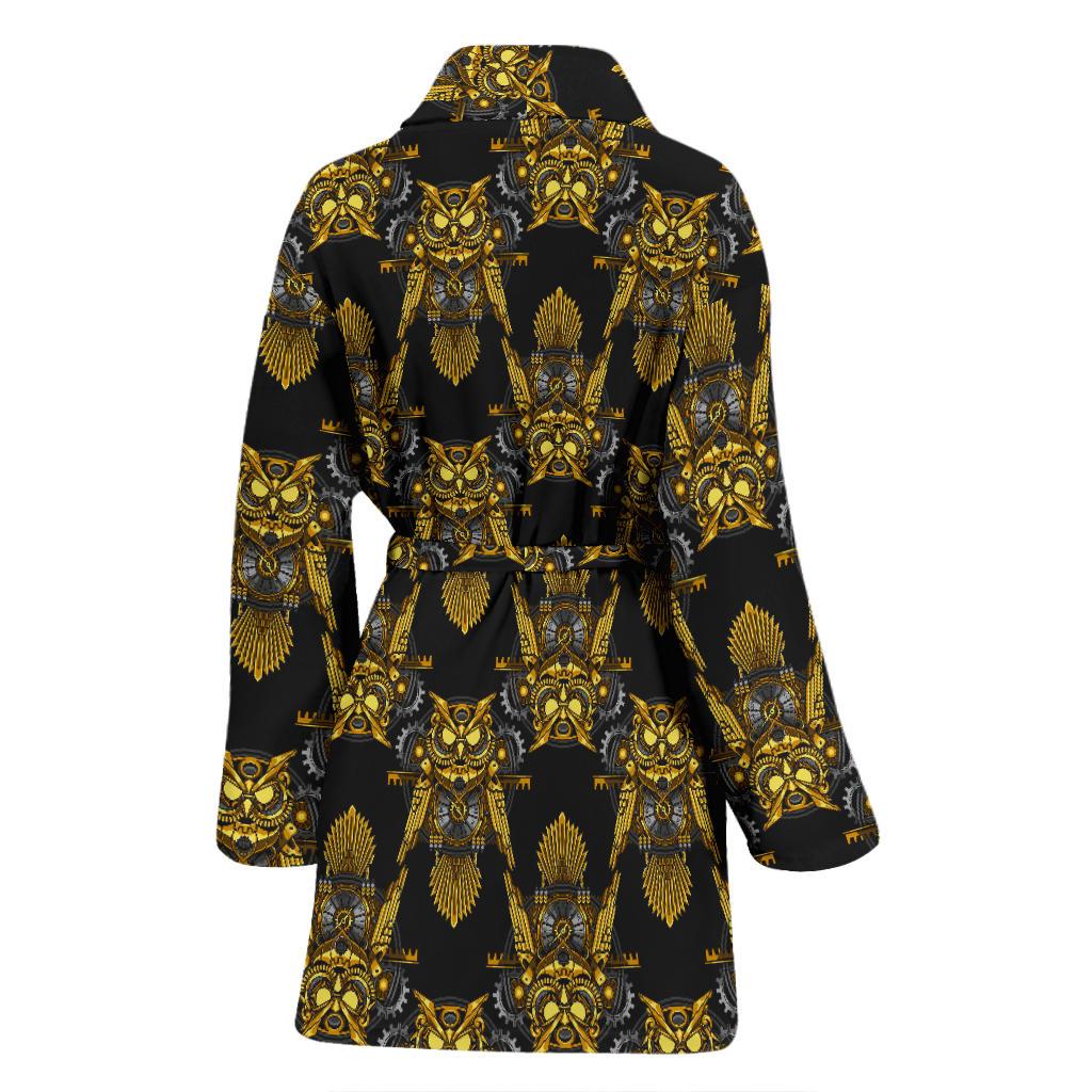 Steampunk Gold Owl Design Themed Print Women Bath Robe-JTAMIGO.COM